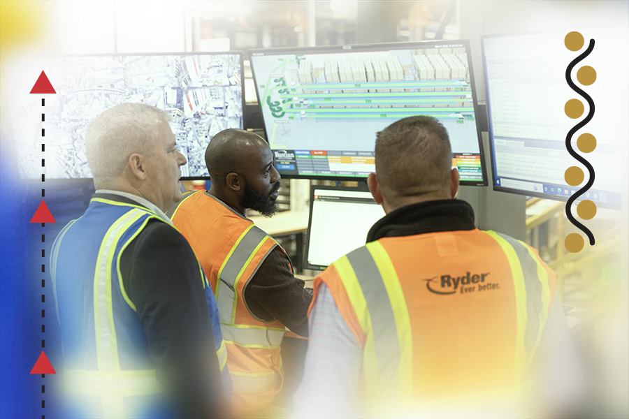 Ryder employees viewing WMS monitors showing e-commerce inventory management status